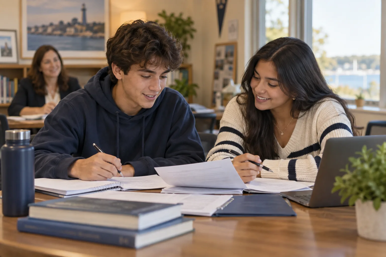 High-school students writing together during a college application planning session